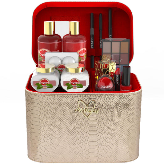 Pink Grapefruit Home Bath and Makeup Kit - 18Pc Train Case Gift Set